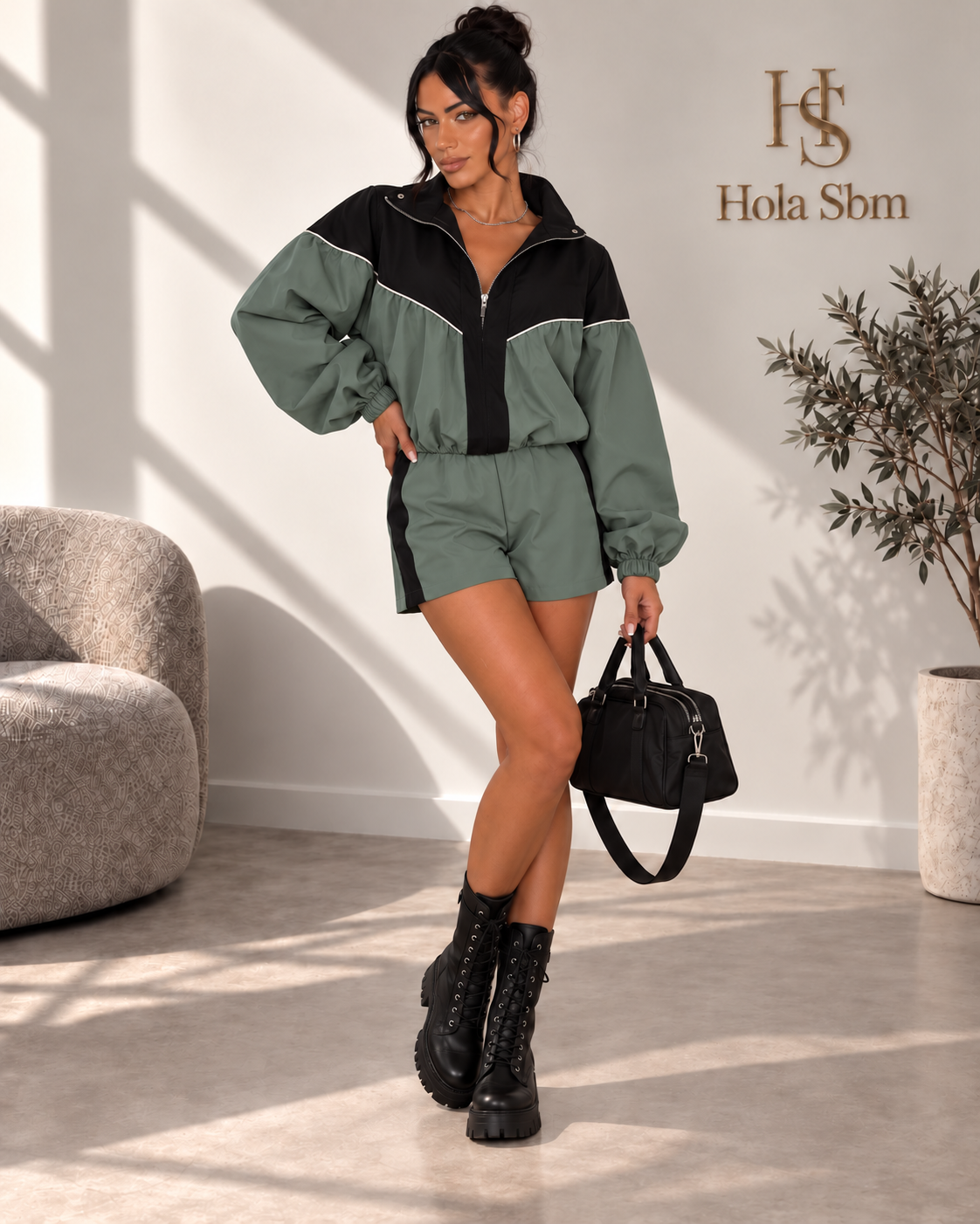 Coordset Norexa Verde e nero con felpa e shorts - Hola SBM